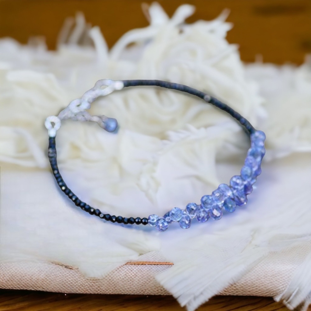 Natural Earth Mined Black Spinel and Tanzanite Bracelet Solid 14K White Gold